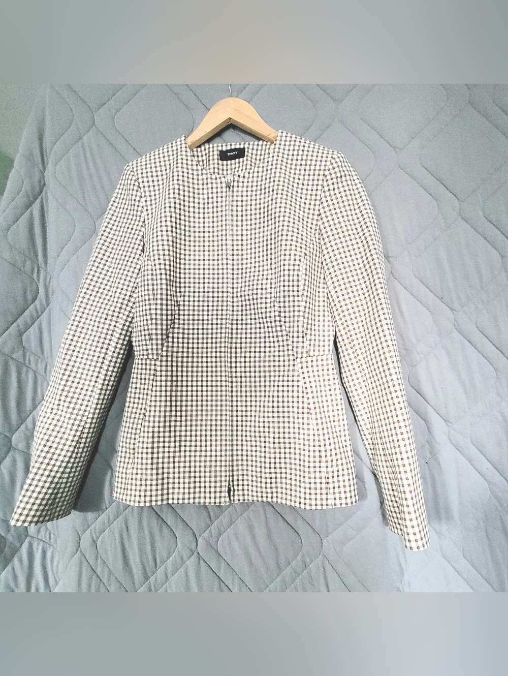 Theory Women Brown and White Gingham Zip Jacket Size US 2